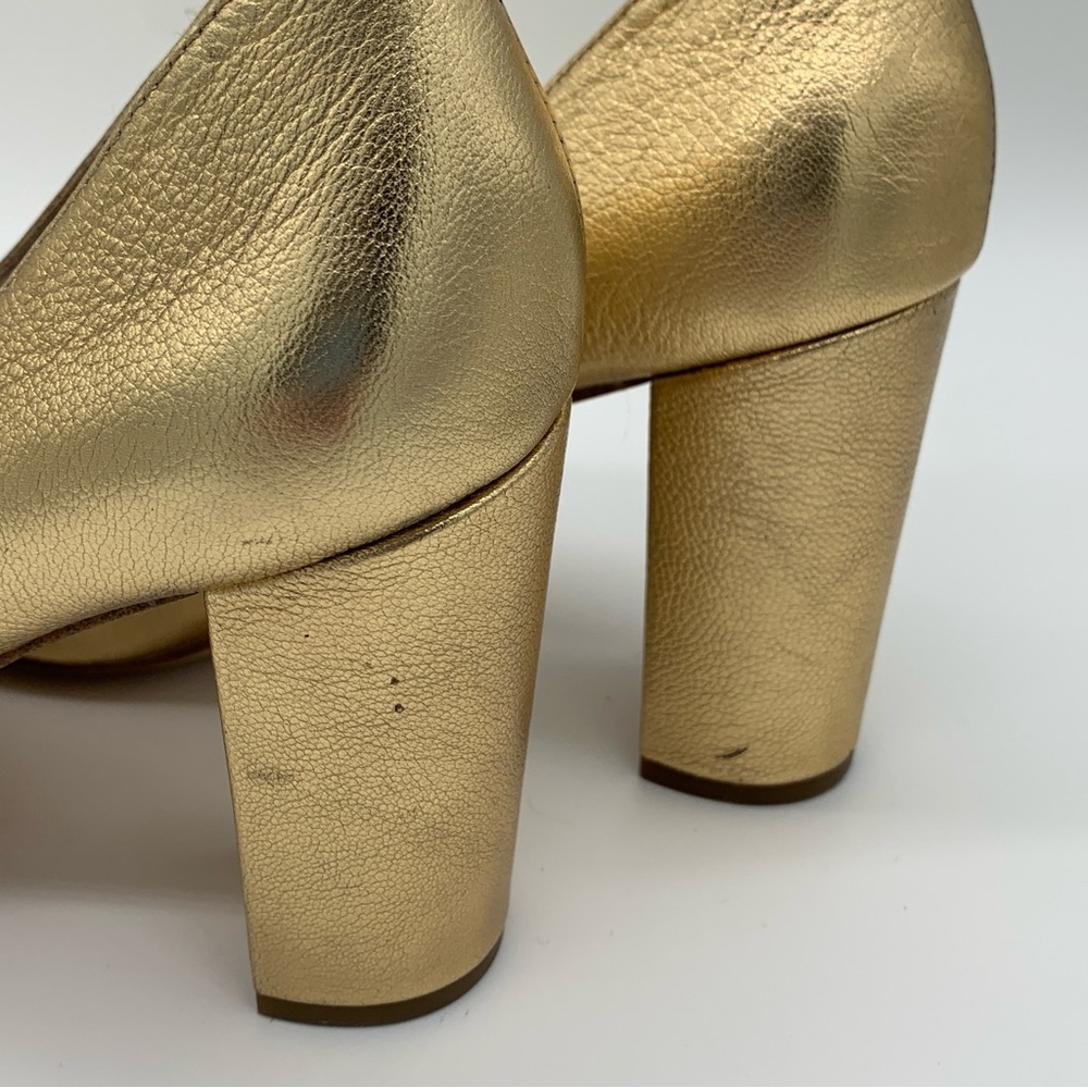 Louise et Cie Leather Metallic Gold Stacked Block Heel Pumps Size US 8.5 EU 38.5 - Picture 6 of 10